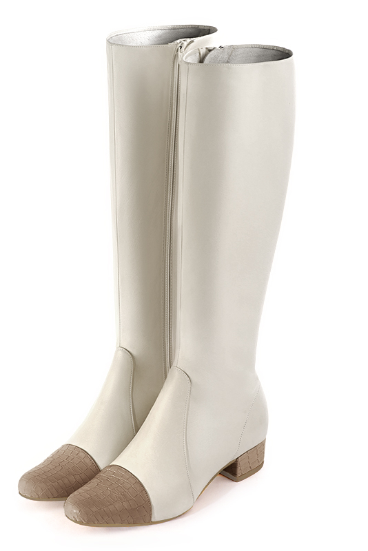 Tan beige and off white women's feminine knee-high boots. Round toe. Low block heels. Made to measure. Front view - Florence KOOIJMAN